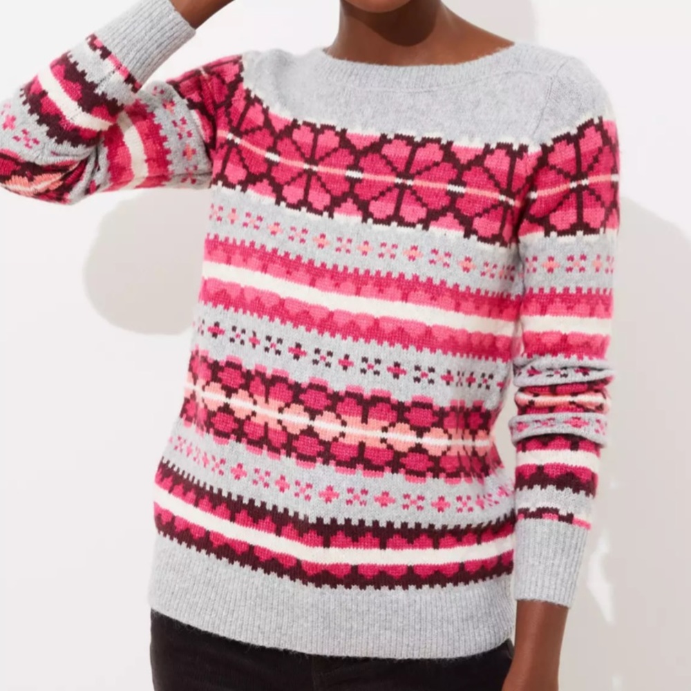 LOFT Pink and Gray Patterned Sweater